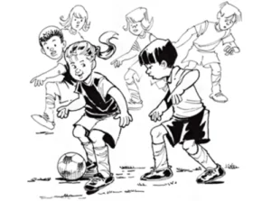 Illustration of boy and girl actively playing soccer in opposite teams