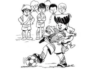 illustration of small child holding his toys while playing soccer
