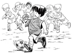 Illustration of child eating ice cream in cone while running and playing soccer