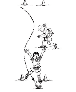 Illustration of boy hitting the marker goal with his soccer ball