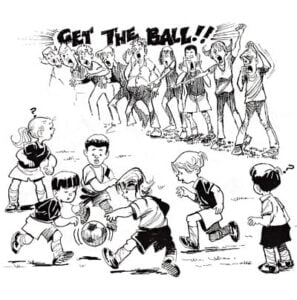 Illustration of children playing soccer with parents cheering