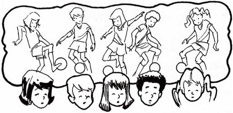 illustration of 5 children heads thinking about soccer practice