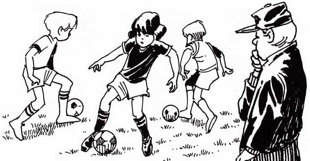 Illustration of coach observing children play soccer