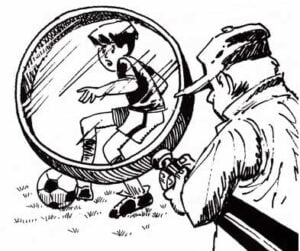 Illustration of coach observing child playing soccer under magnifying glass