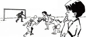 Illustration of coach watching children play soccer