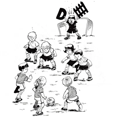 Illustration of kids playing soccer with goalkeeper yelling