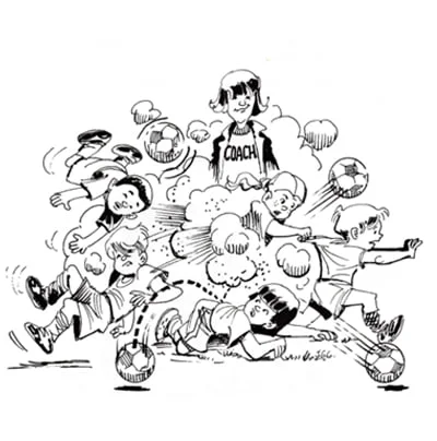 Illustration of kids fighting over soccer ball with coach watching
