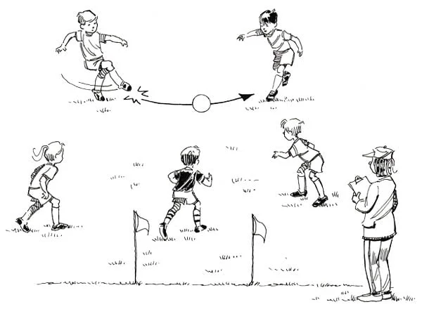 Illustration of 5 kids playing soccer with the coach watching them