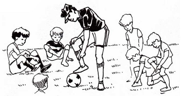 illustration of coach with ball surrounded by children