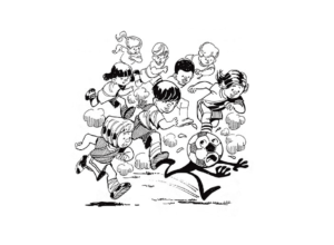Illustration of group of children running after soccer ball
