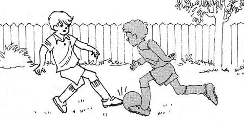 Illustration of 2 boys playing soccer in backyard