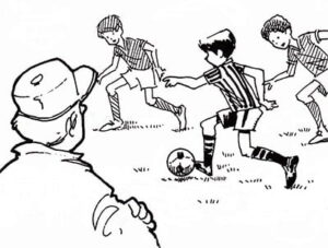 Illustration of kids playing soccer while being watched by the coach