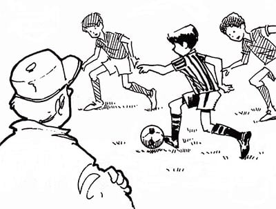 Illustration of kids playing soccer while being watched by the coach