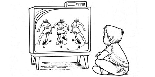Illustration of child watching soccer practice on TV