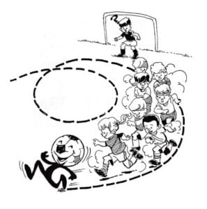 Illustration of children running after soccer ball in circles