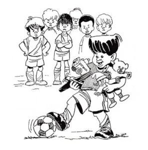 Illustration of child holding many toys while laying with soccer ball