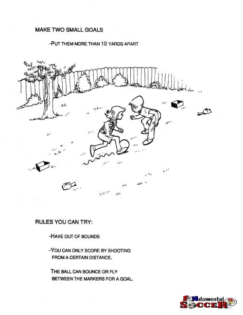 Illustration of kids playing soccer in yard with goals they made